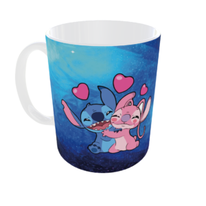 Taza de Cerámica Stitch y Ángel | Diseño Animado Romántico con Corazones